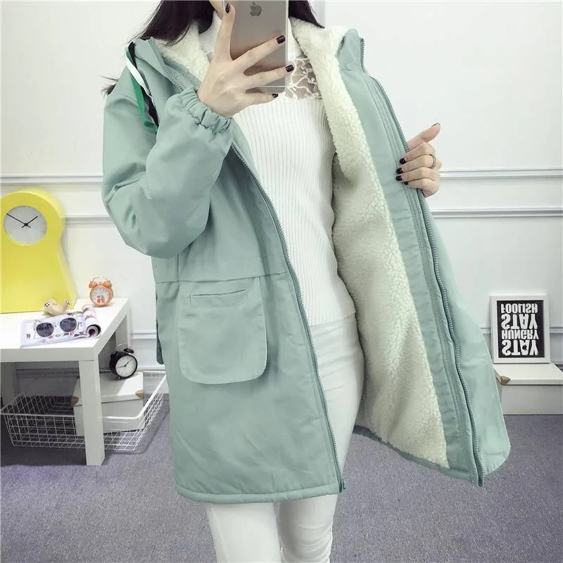 Vangull Women Hooded Jackets Warm Cotton Thicken Coat Autumn Winter New Solid Female Fashion Casual Long Sleeve Zipper Outerwear - Цвет: Green Long Jacket