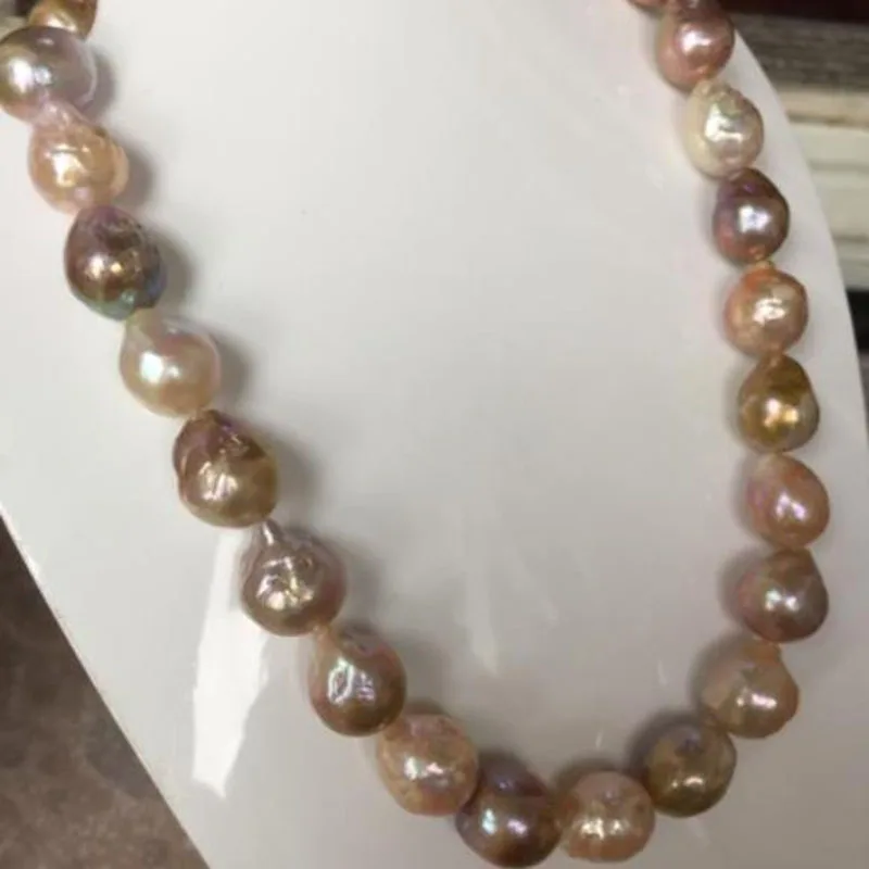 gorgeous 13-14mm freshwater baroque multicolor pearl necklace 18inch 925silver