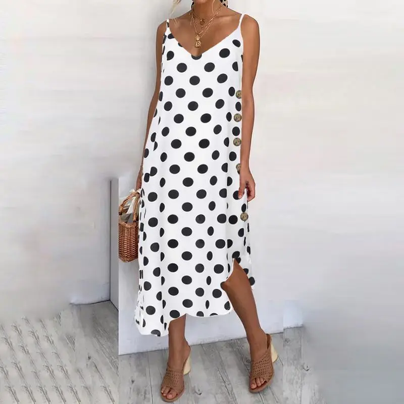 Летнее платье размера плюс, женское богемное леопардовое платье средней длины, сексуальное пляжное платье без рукавов на пуговицах - Цвет: White Polka Dot