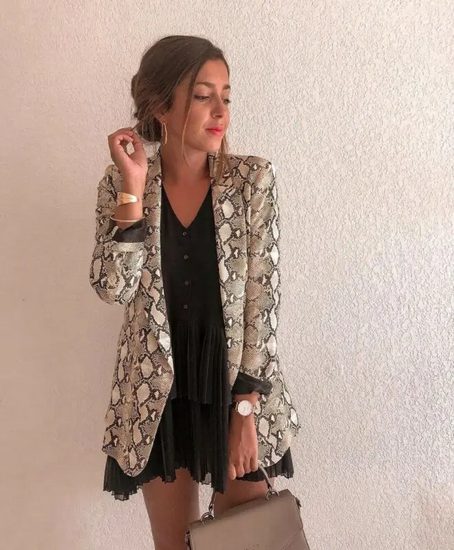 Retro Snake Print Suit Jacket Pocket, Notched Collar, Long Sleeve Jacket, Coat, Female, Retro, Loose,