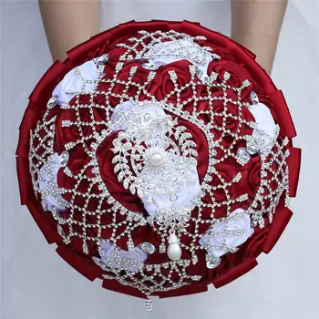 

21CM Burgundy White Silk Rose Ribbon Artificial Flower bouquet Bride Holding Flowers Crystal Wedding bridesmaid Bouquet W105D
