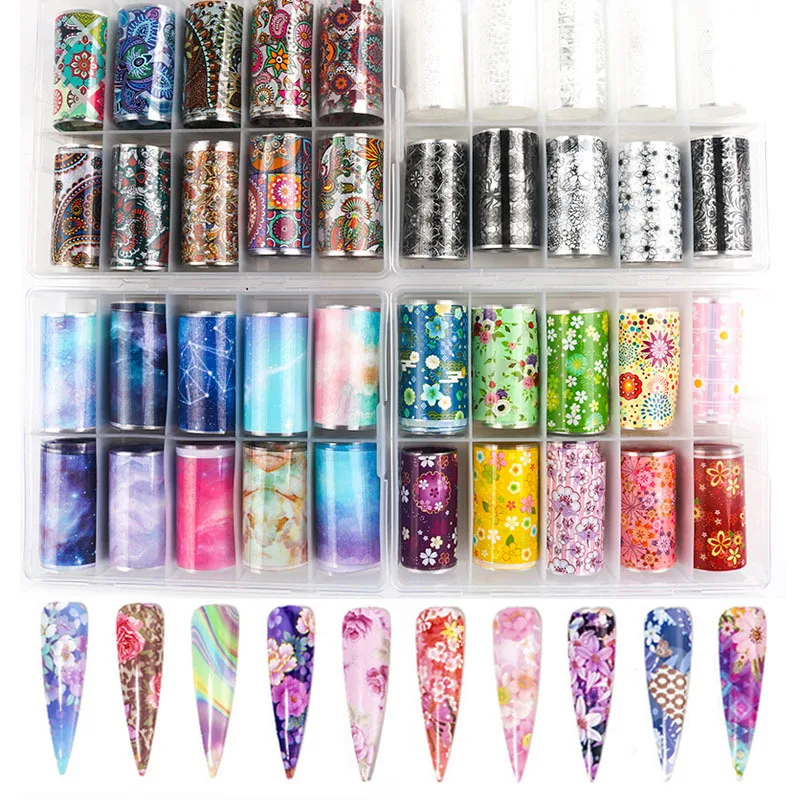 

10pcs 4*100cm Lace Flower Holographic Nail Art Transfer Foil Sticker Starry AB Paper Wraps Adhesive Nails Decoration Accessories