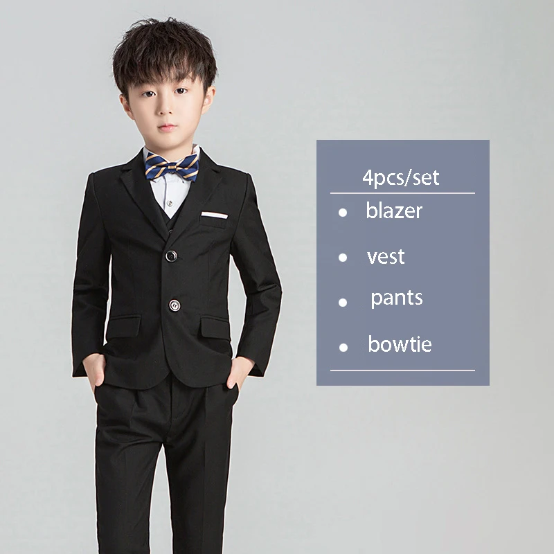 4pcs black suit Свадебные платья принцессы с цветочным рисунком для мальчиков, комплект из 5 предметов, детское фортепиано, вечерние костюмы для выступлений, детский Блейзер, жилет, брюки, рубашки, галстук-бабочка - Цвет: 4pcs black suit