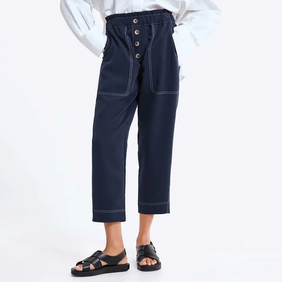 

Loose Jeans Pants Women Buckle Ruffle High Waist Casual Long Cargo Pant For Ladies