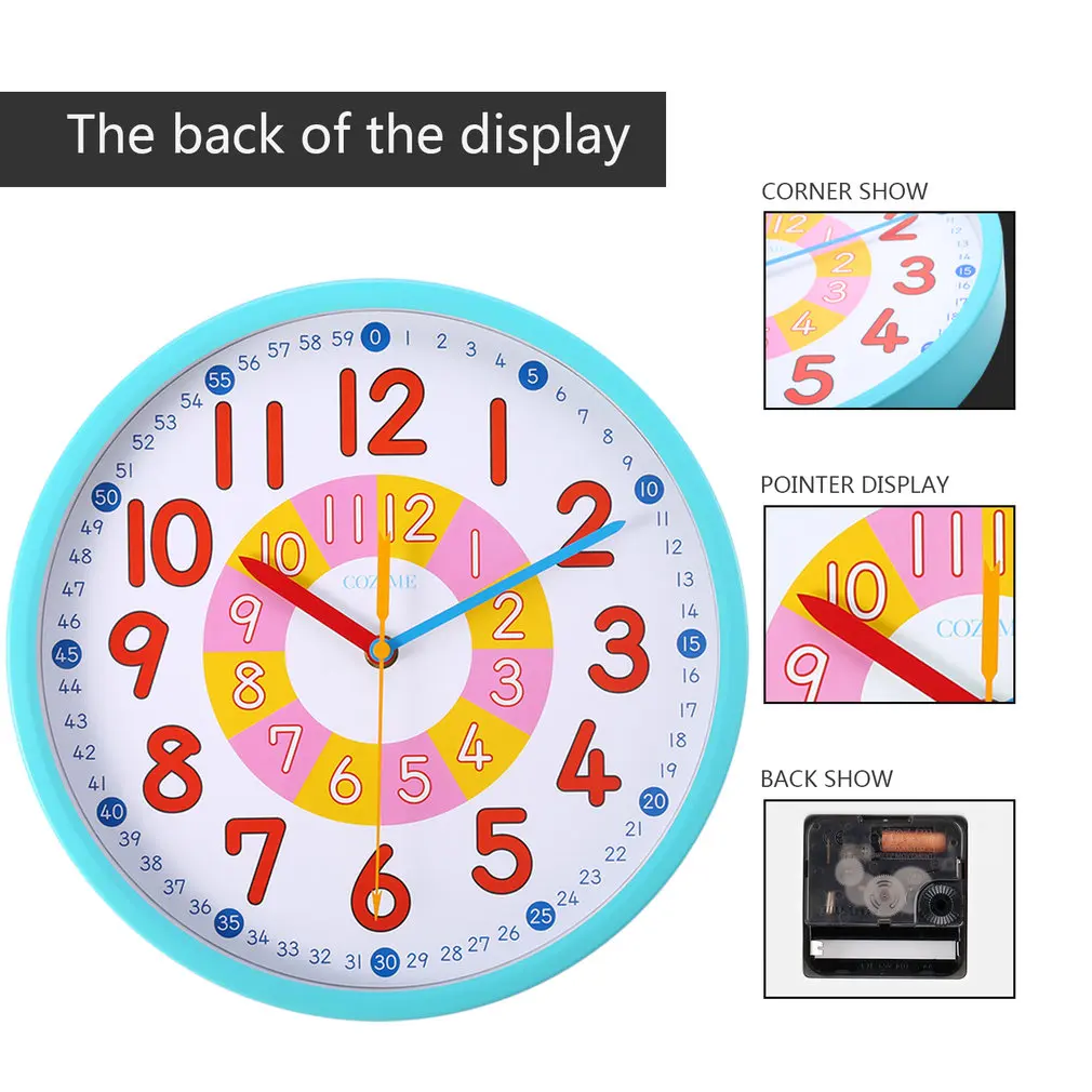 12 Inch Blue Metal Frame Decorative Round Colorful Lovely Wall Clock Silent Movement for Children to Learn for Teaching