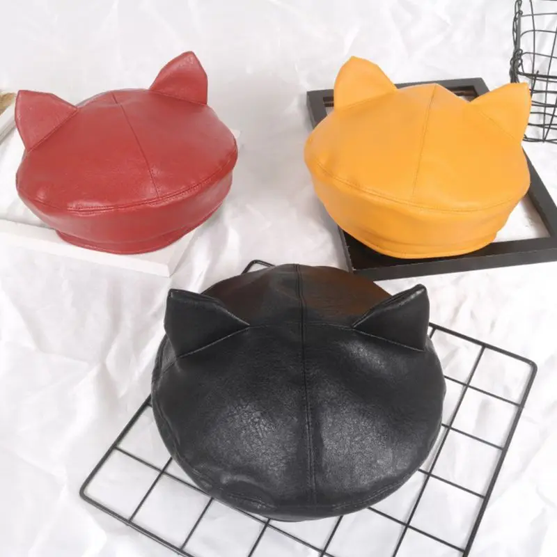 Японская женская шапка с милыми кошачьими ушками, берет из искусственной кожи, одноцветная, для художника, студента, регулируемая, винтажная, Классическая, восьмиугольная шапка