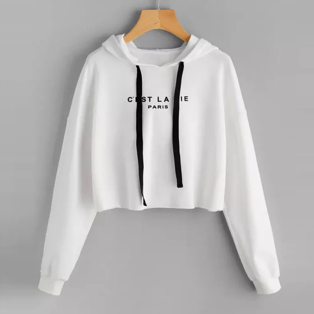 

Hoodies Womens Crop Sweatshirt Letters Printed Autumn Spring Long Sleeve Hoodie Sportswear Loose Pullover Tops sudadera mujer