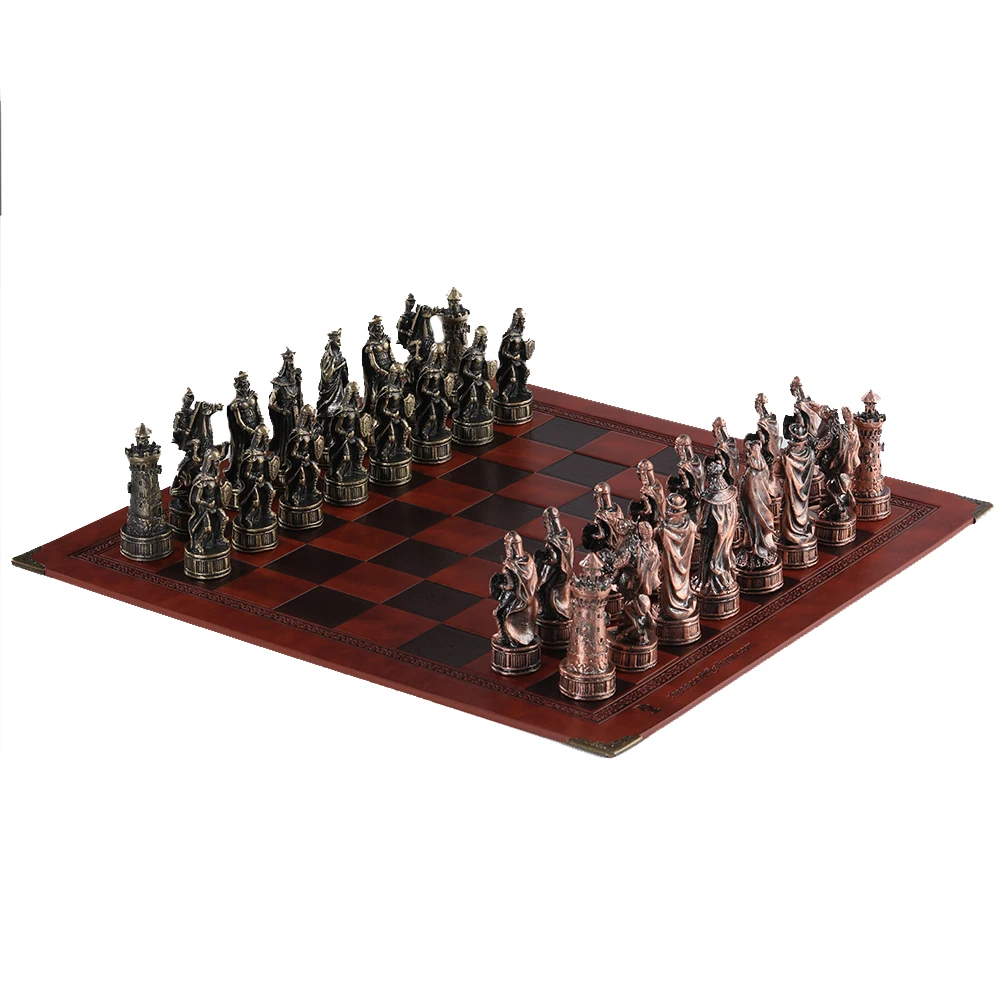 Metal Theme Chess 32pcs IntelligencLuxury Knight Table Game Entertainment Toy Leather Board set Gift Dragon Soldier Theme Sports