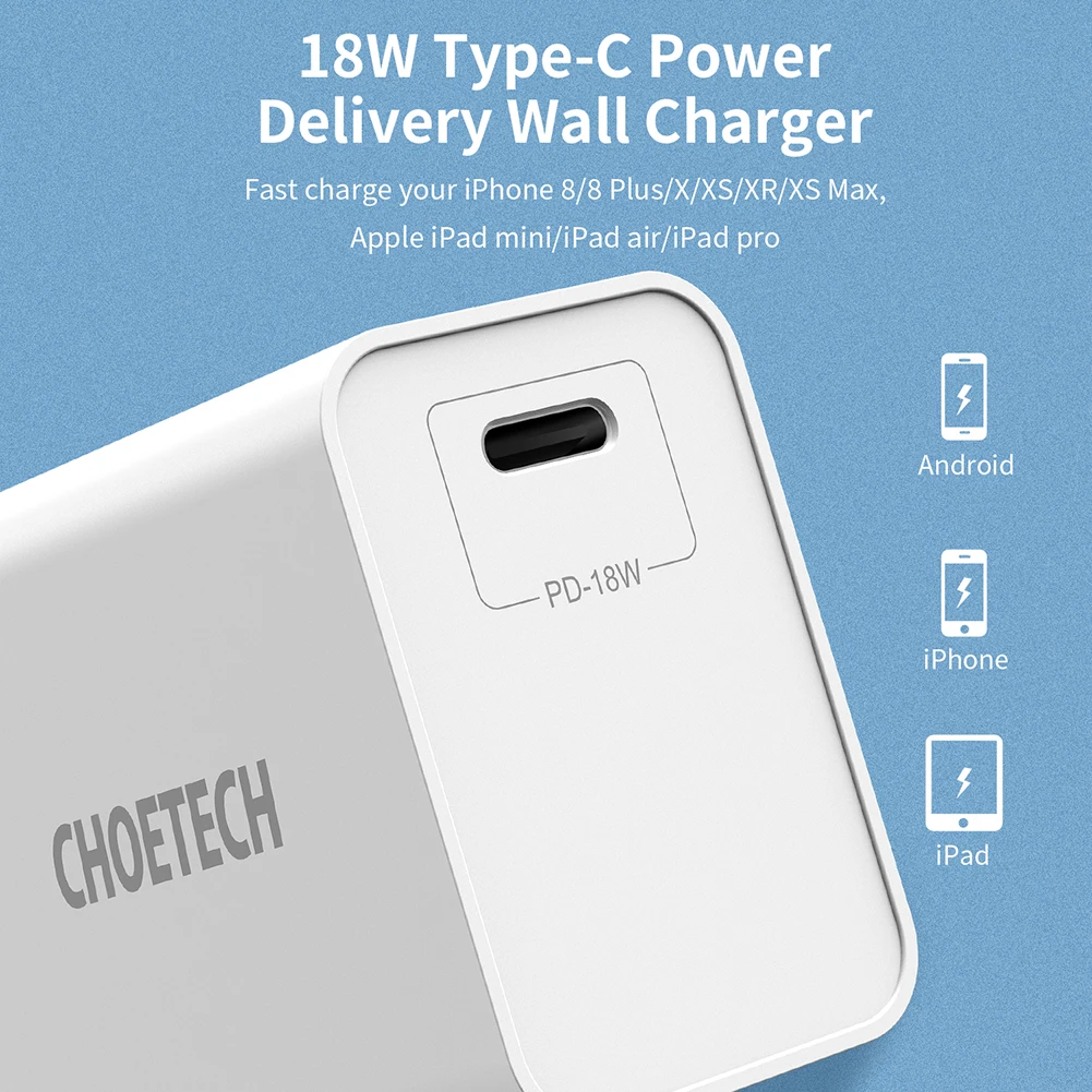 CHOETECH USB Charger 18W PD 3.0 Fast Charging USB C Plug Mobile Phone Charger For iPhone X Xs Xr 8 Xiaomi Phone PD Charger