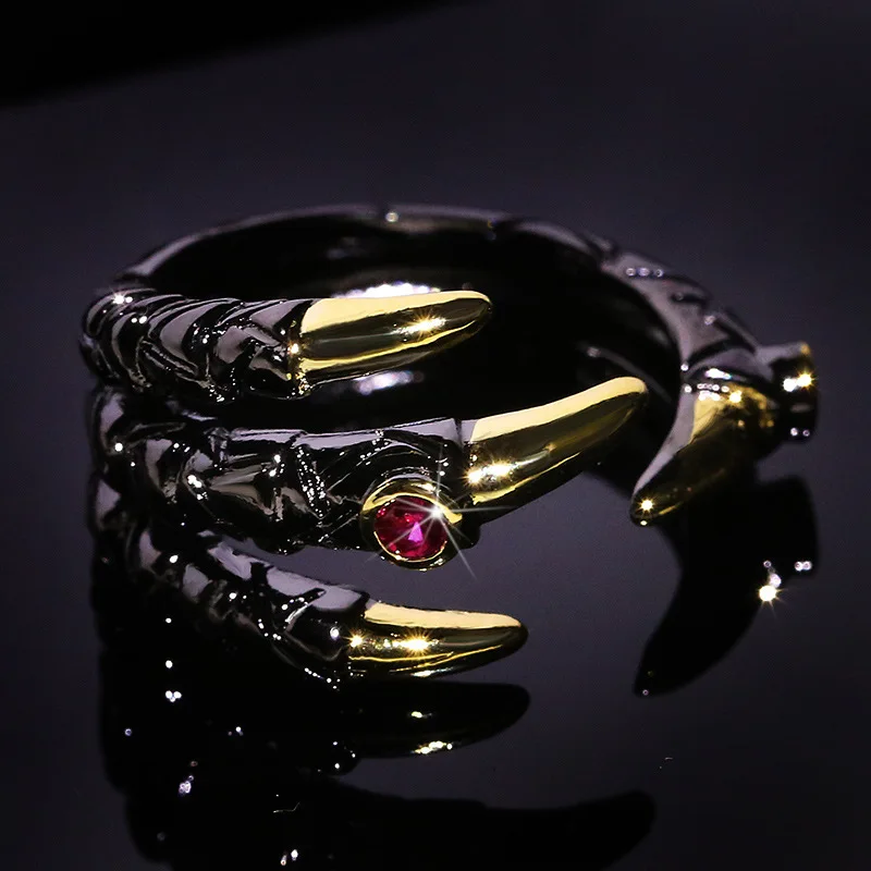 Vintage Punk Men's Two Tone Tungsten Dragon Claw Rings Red Zircon Stone Inlay Retro Biker Rock Rings Personality Jewelry Gift