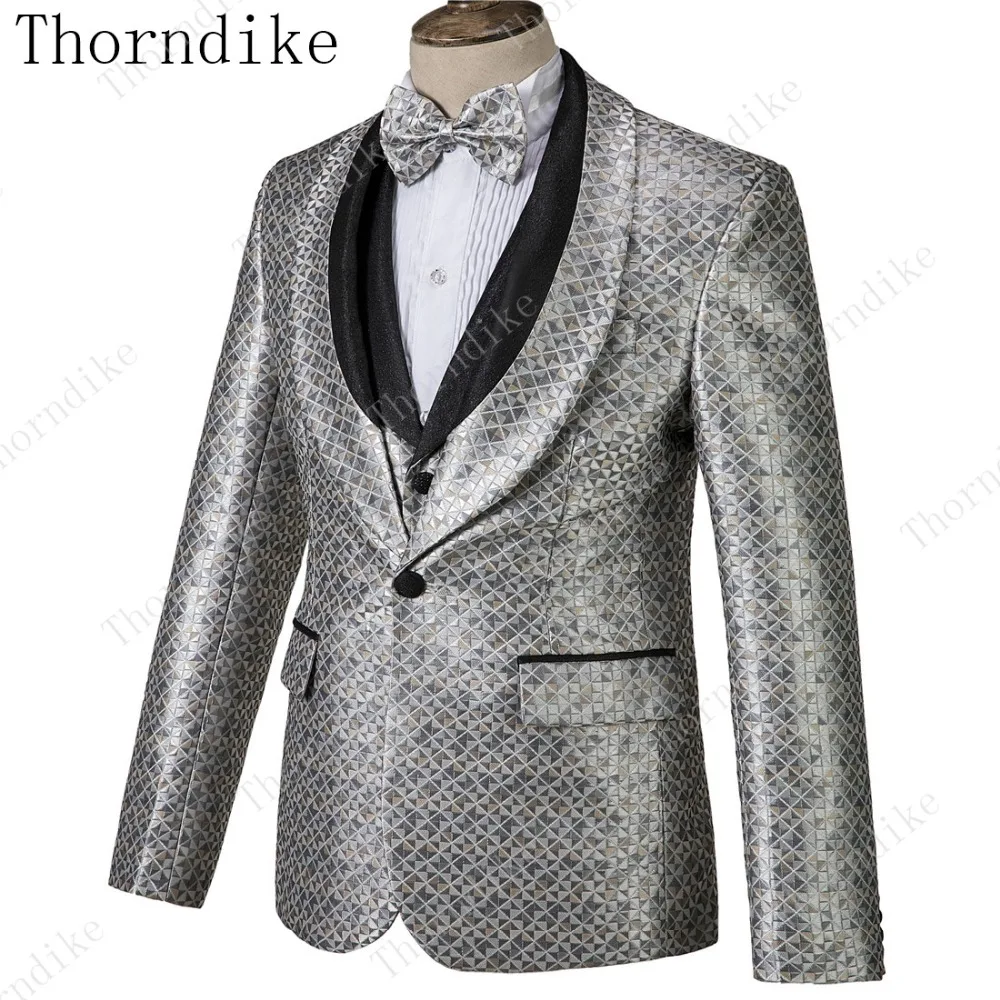 Thorndike, серебристые жаккардовые облегающие костюмы для закусок, новые мужские куртки+ брюки+ жилет, 3 предмета, высокое качество, мужские Умные повседневные Костюмы