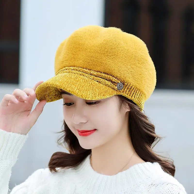 COKK, женские шапки, берет, шапка из кроличьего меха, шерстяные вязаные зимние шапки для женщин, сохраняющие тепло, бархатная Толстая шапка, женская короткая шапка с полями - Цвет: Yellow