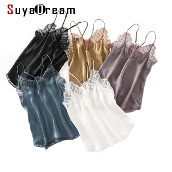 SuyaDream-여성 실크 캐미솔 100%, 실크와 레이스 시크한 캐미 2021 봄 여름 단색 보터밍 셔츠
