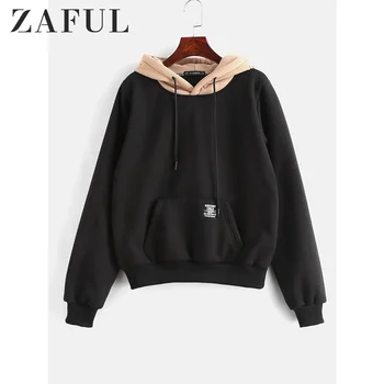 

ZAFUL Contrast Hood Front Pocket Fleece Hoodie Full Sleeve Women Letter Print Zip Up Sweatshirts Streetwear 2019 Autumn Winter