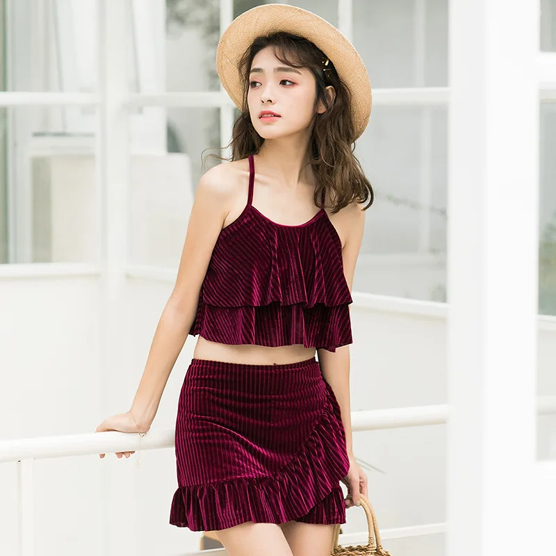 

Korean-style Midriff Sexy Pleated Layered Frilled Flounced Bikini Slim Fit Slimming Halter Split Type Swimsuit