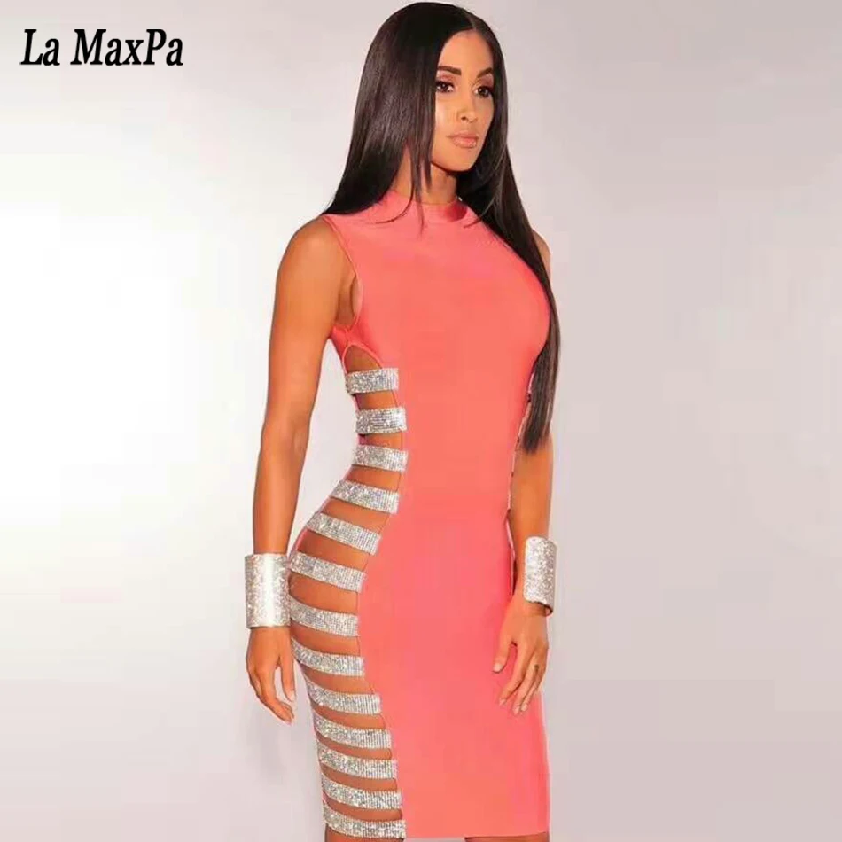 2017-Novas-Mulheres-Pista-Ver-o-Vestido-Bandage-Rosa-azul-Preto-Sem-Mangas-Oco-Out-side