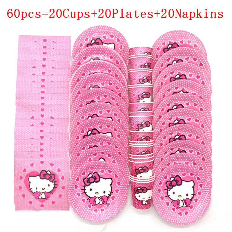 40 шт/60 шт мультфильм hello kitty тема девушка день рождения свадьба бумажный стаканчик+ тарелка+ салфетка события вечерние набор бумажной посуды поставка - Цвет: BeiPanZhi 60pcs
