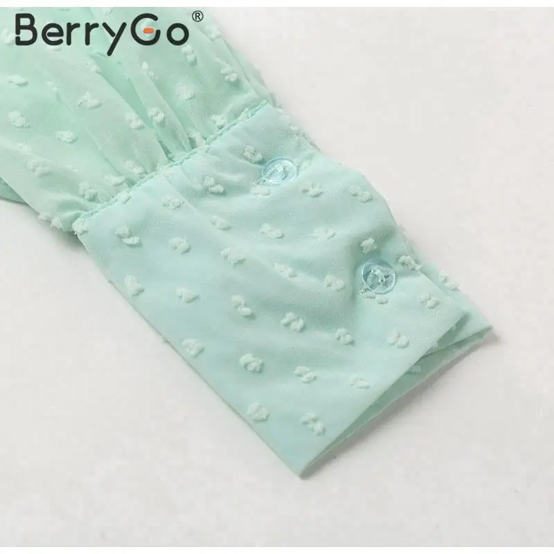 BerryGo Elegant floral embroidery blouse shirt women Streetwear chiffon ladies blouses Turtleneck puff sleeve female  blouse top