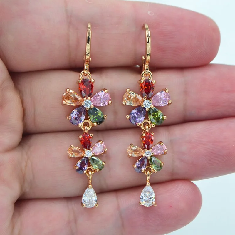 AAA+ Cubic Zirconia Gold Color Fashion Women Luxury Multicolor CZ Flower Dangle Wedding Earrings Jewelry