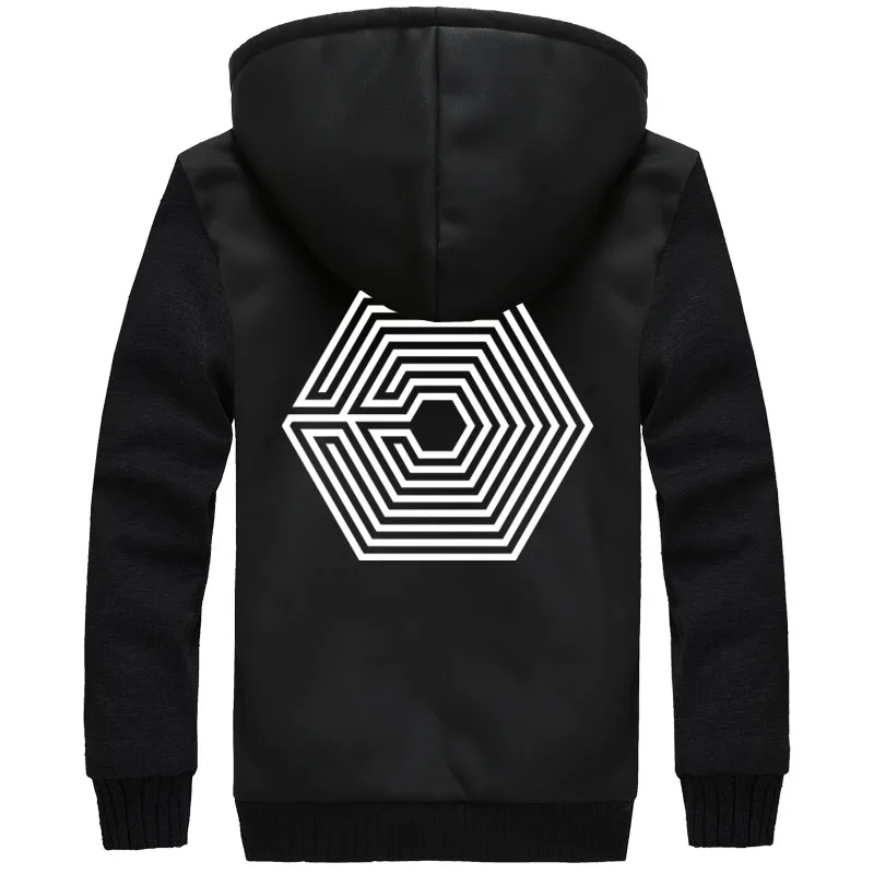 Мужские Фланелевые пальто EXO на молнии с капюшоном, зимние теплые хлопковые стеганые куртки EXO Planet, повседневные толстовки - Цвет: all-Black03