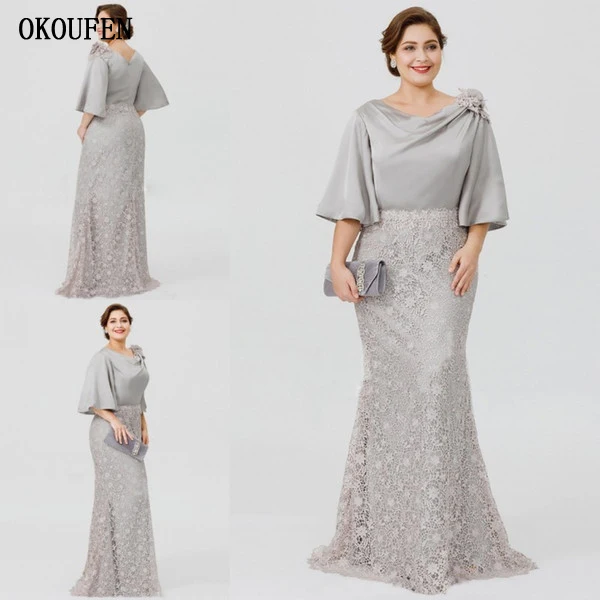 

Silver Lace Mother of the Bride Dresses 2019 Plus Size Formal Half Sleeves Wedding Guest Evening Dinner Gowns Kurti madrinha