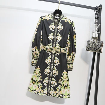 

HAMALIEL Runway Spring Single Breasted Shirt Floral Print Dress Women's Chiffon Long Sleeve Dress Vintage Belt A Line Vestidos