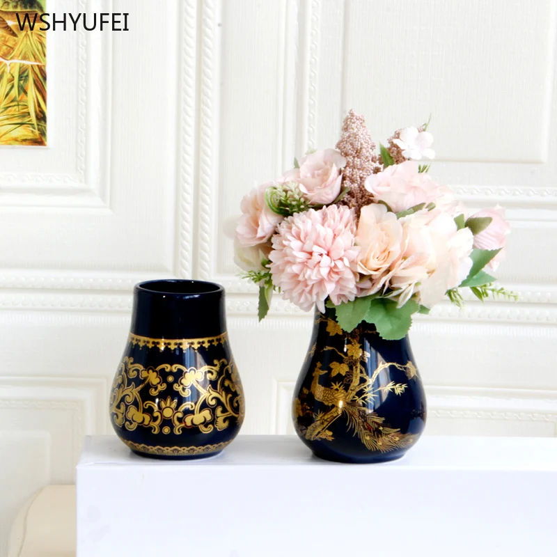Классическая Роскошная синяя керамическая ваза с золотым узором и цветочным узором в стиле ретро для дома, гостиной, спальни, художественные украшения