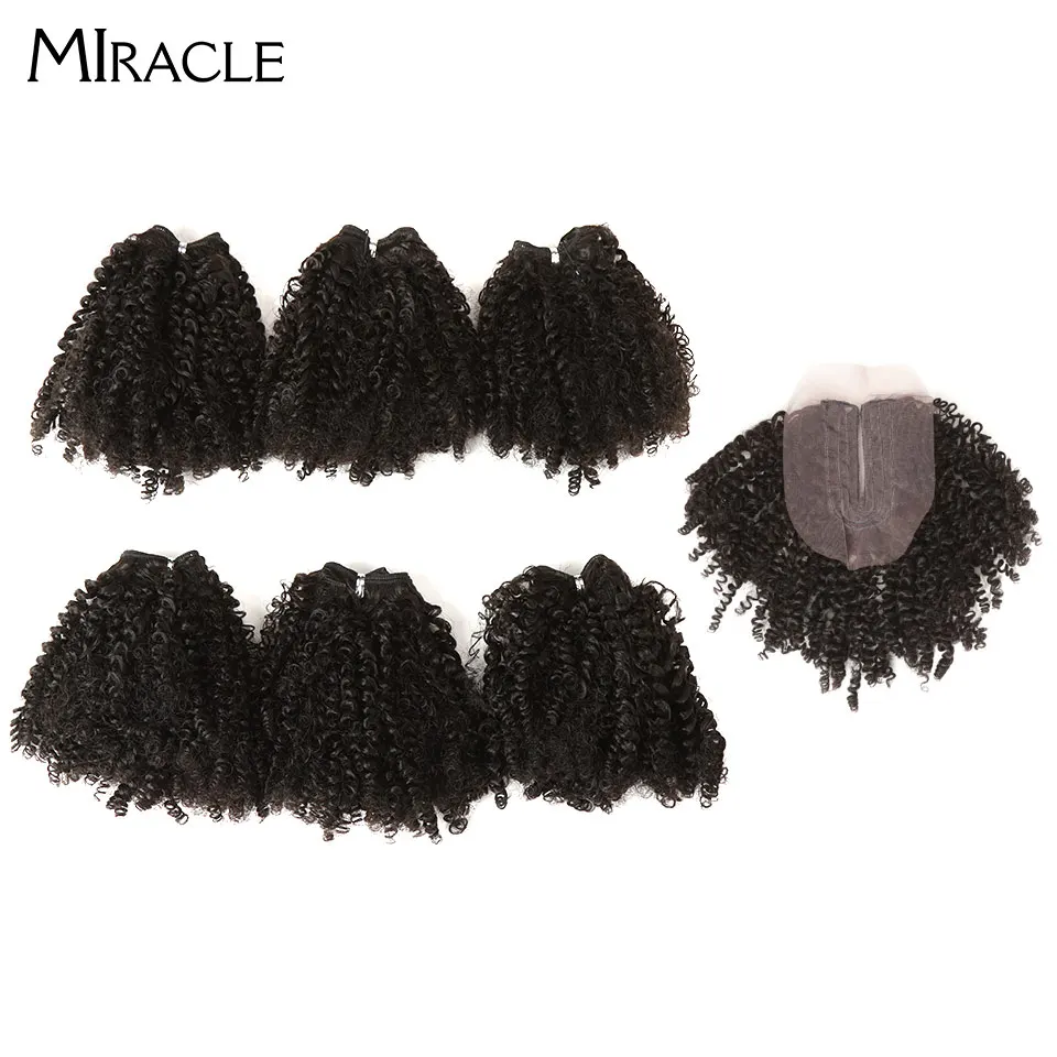 Благородный Ombre Синтетические пряди для наращивания волос Clsoure средняя часть 14 "7 шт./лот короткие Curl афро странный вьющиеся волосы Связки с