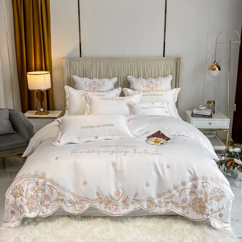 

European Princess Series Luxury Cotton Embroidery Pink White Bedding Set Duvet Cover Bedspread Flat Sheet Pillowcases #/