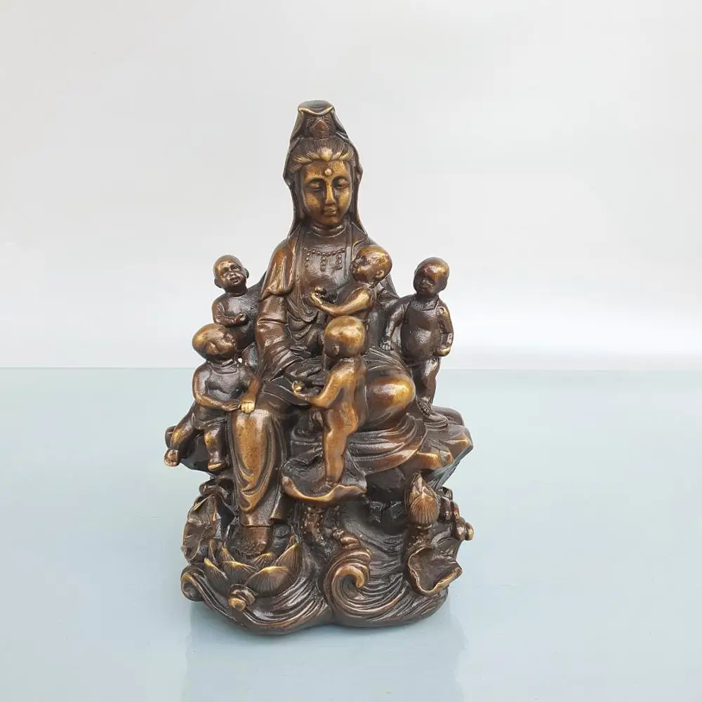 

7"Chinese Seikos Bronze Buddha Statue of Guanyin Bodhisattva Wufu Boy Implication Sending children to pray