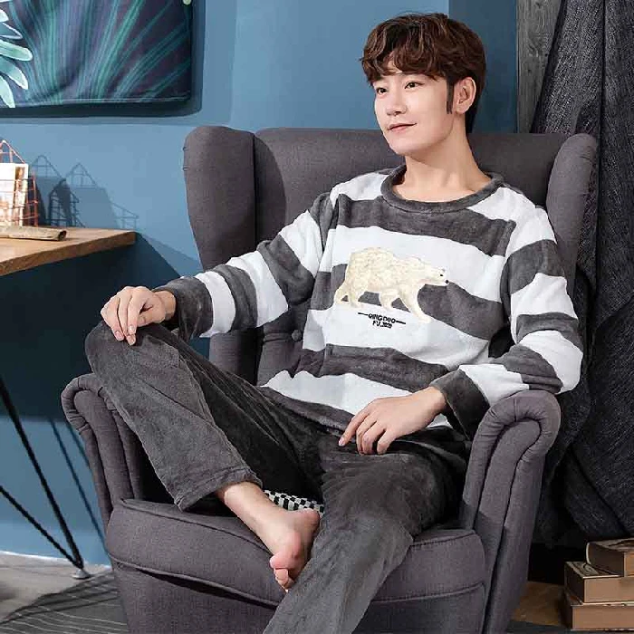 2021 Winter Long Sleeve Thick Warm Flannel Pajama Set for Men Casual Striped Coral Velvet Sleepwear Suit Pyjama Homewear Clothes mens cotton pjs Men's Sleep & Lounge