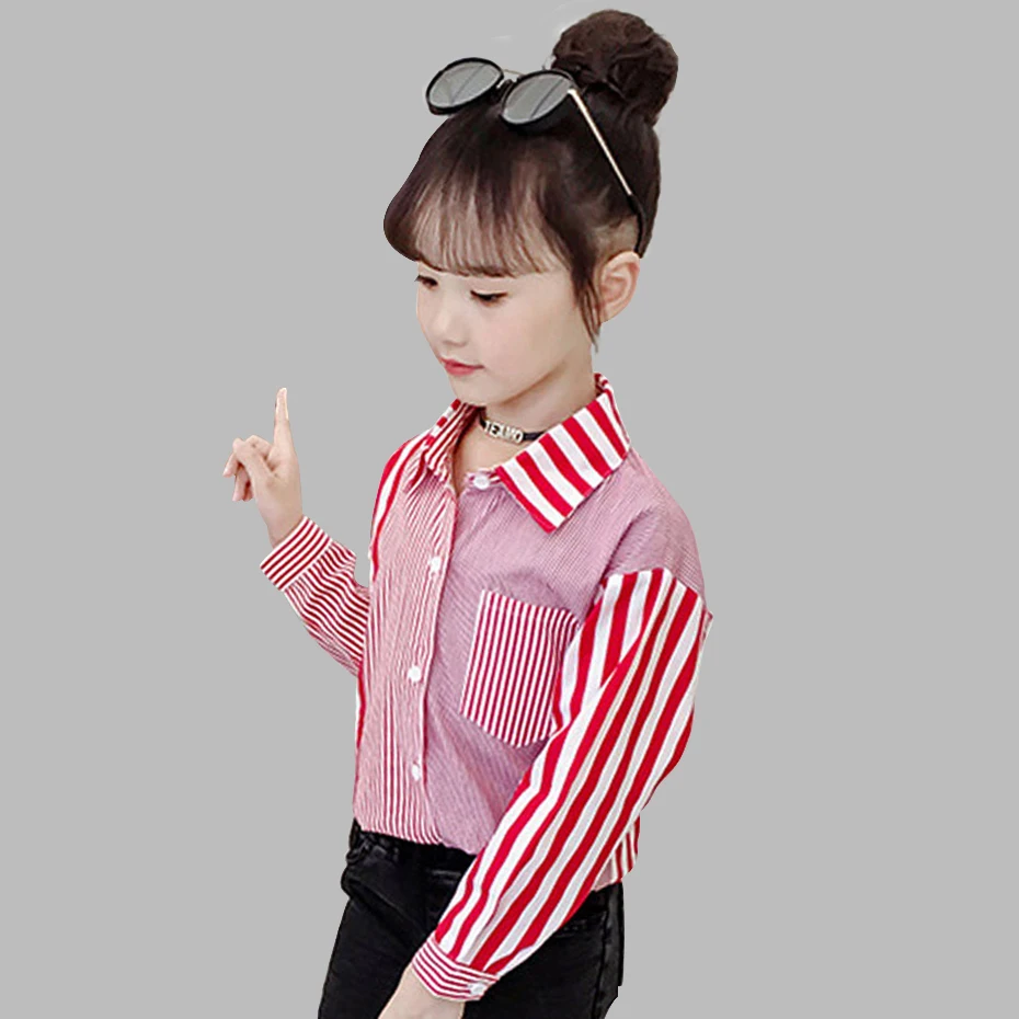 Blouse For Girls Striped Pattern Patchwork Shirt Children Spring Autumn Tank Tops 6 8 10 12 14 Year | Мать и ребенок