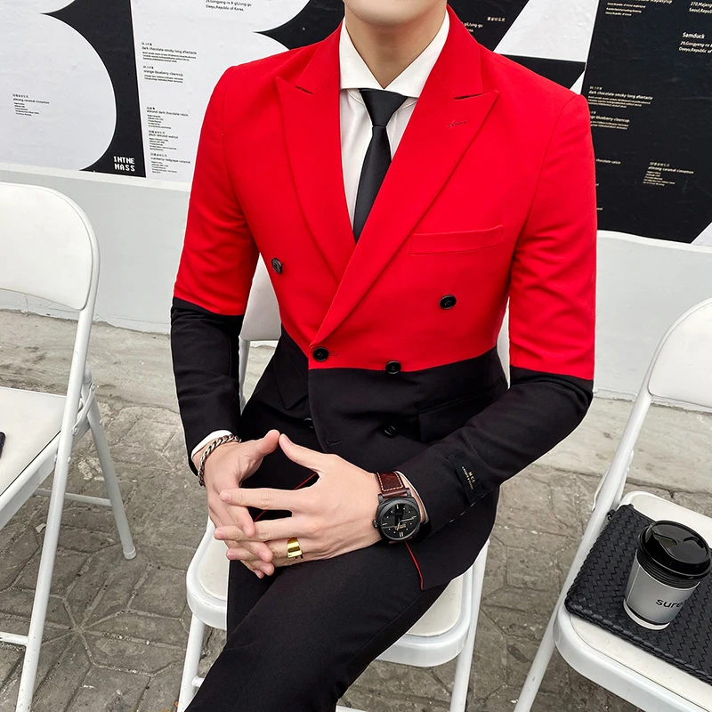 

2020 Splice Contrast Party Suits Men Black Red White Men Slim Fit Suits Pant Prom Doube Breasted Suit Costume Homme Double Vent