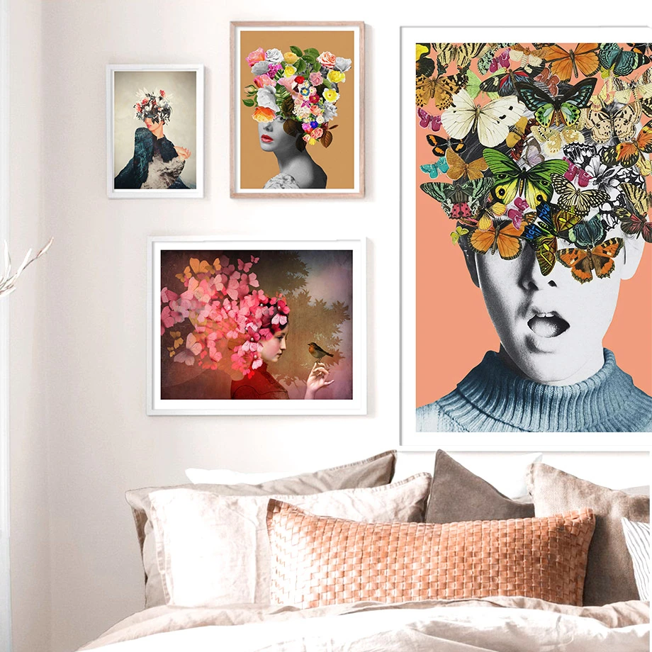 Abstract Vintage Girl Butterfly Flower Wall Art Canvas Painting Nordic