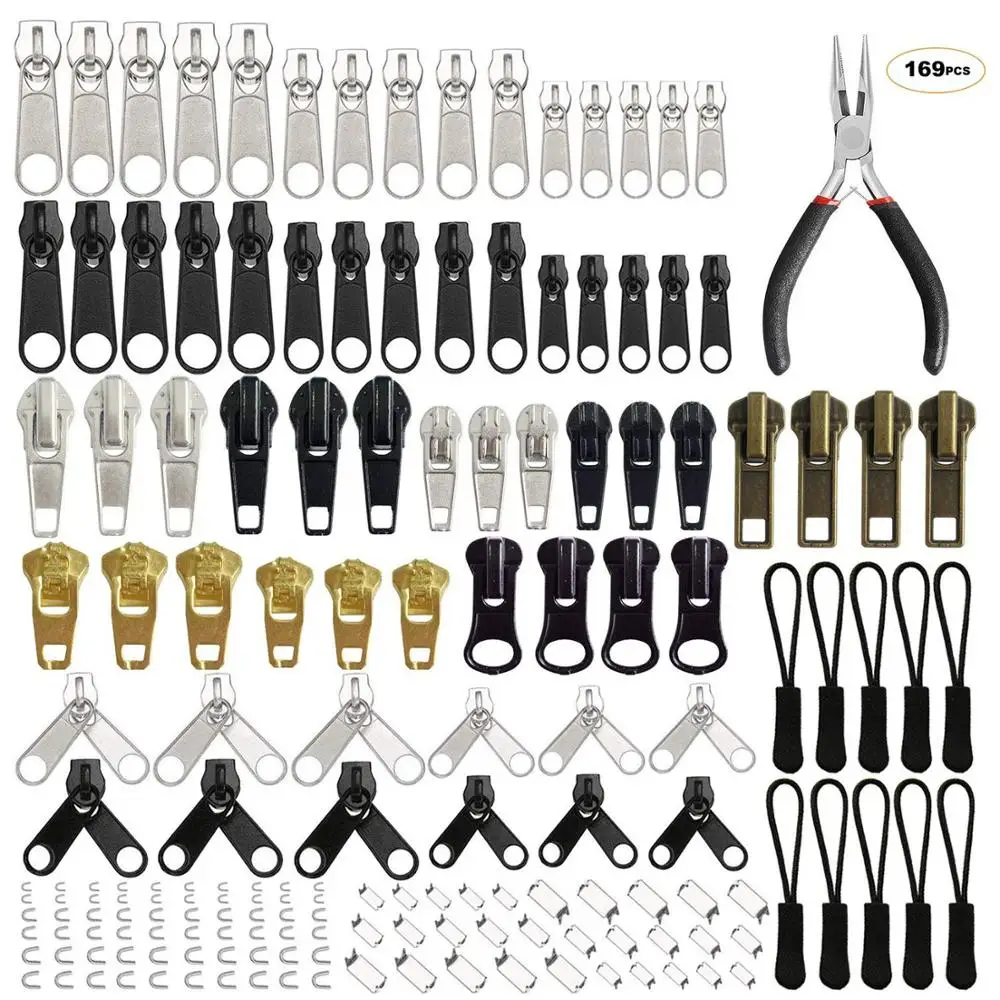 169 Pcs Zipper Repair Kit Replacement Pull Rescue with Install Pliers Tool & Extension Pulls for Clothing Jackets | Дом и сад