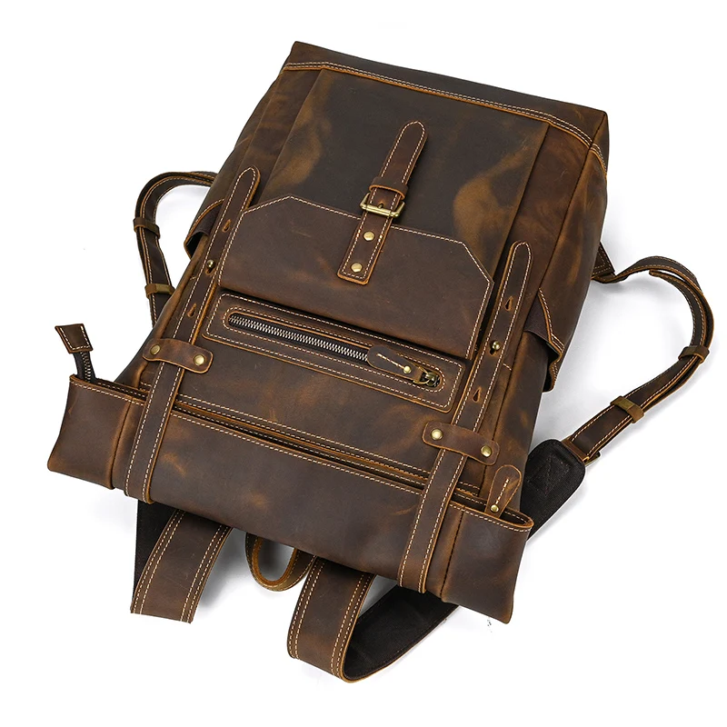 Genuine Leather 17 Laptop Backpack Travel Roll Top Rucksack