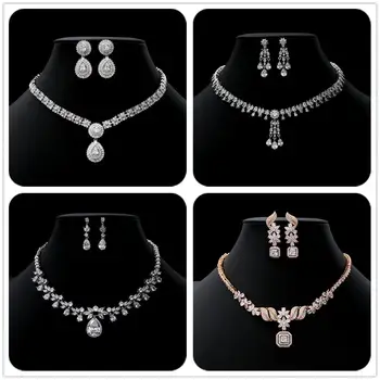 

Luxury Zircon Rhinestone Wedding Necklace Earring Jewelry Set Rose Gold Crystal Engagement Bridal Prom Party Statement Gift