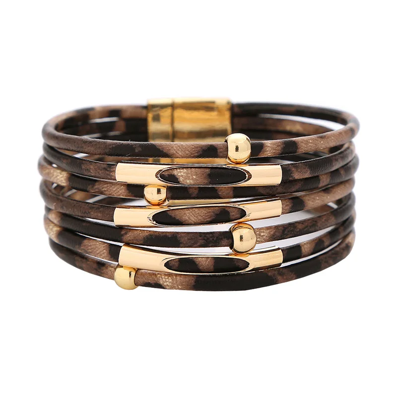 Браслеты для женщин модные Многослойные леопардовые Кожаные Веревки бусины на металлической трубке браслет на магнитной застежке браслеты