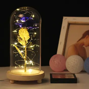

Galaxy Rose Artificial Gold Foil Rose USB Powered LED Light String In Glass Dome On Wooden Base HOT