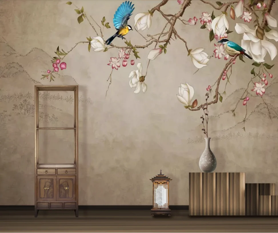 

Custom high-end wallpaper-Chinese style flower and bird hand-painted magnolia flower TV background wall painting