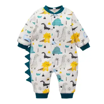 

Baby Dinosaur Printing Rompers Winter Kid Boy Long Sleeve Thickened O-neck Fleece Cotton Splicing Button Jumpsuit 0-18M