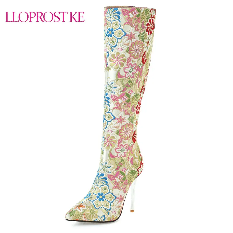 

Lloprost ke 2021 Embroider Women's Boots Sexy Stiletto Knee High Boots Super High Heel Autumn Winter Zipper Woman Shoes Big Size