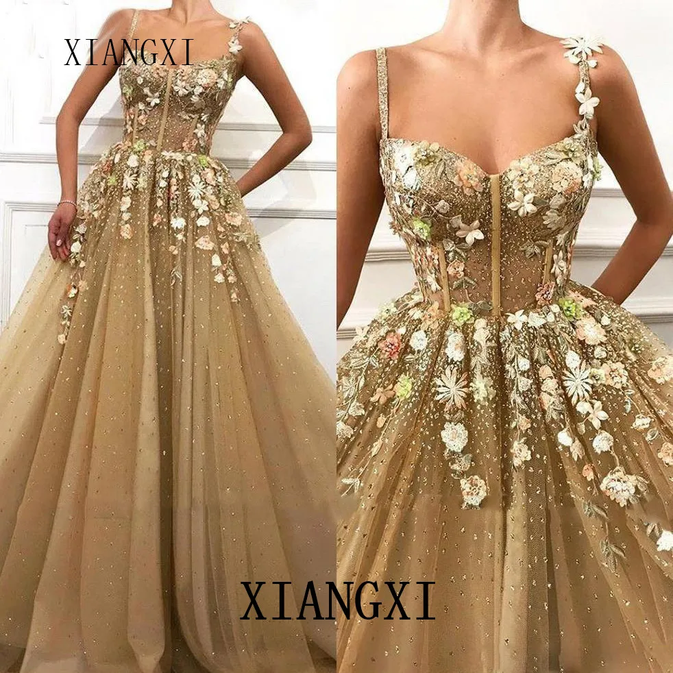 3D Цветочные Спагетти, тюль une ligne longues robes de bal dentelle Applique nouvelle robe de soire or formelle ro