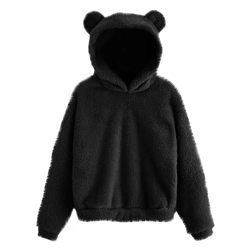 Женская флисовая толстовка с длинными рукавами, теплая форма уха медведя, Пушистый пуловер с капюшоном, плотные зимние теплые толстовки с капюшоном