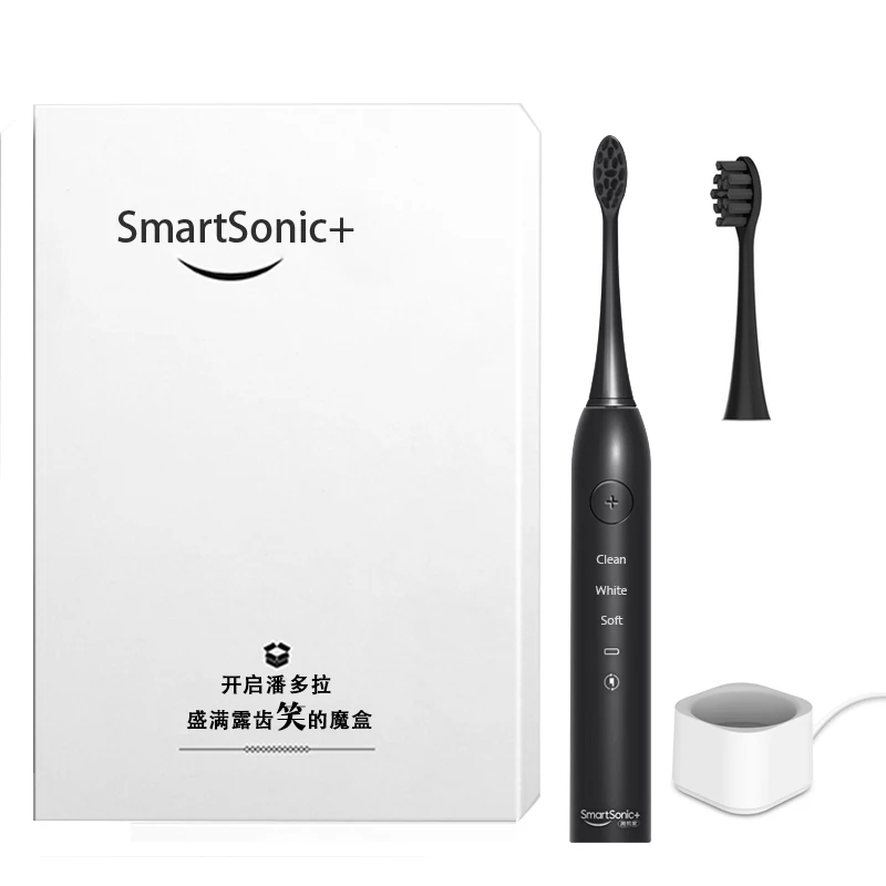 black SmartSonic Sonic электрическая зубная щетка Водонепроницаемая USB перезаряжаемая Глубокая чистка отбеливание зубов мягкая щетка с 2 зубными головками - Цвет: black
