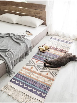 

Bohemian Cotton Linen Tassel Woven Carpet Floor Mat Bedroom Tapestry Retro Decorative Blanket Tea Living Room Carpet Area Rug