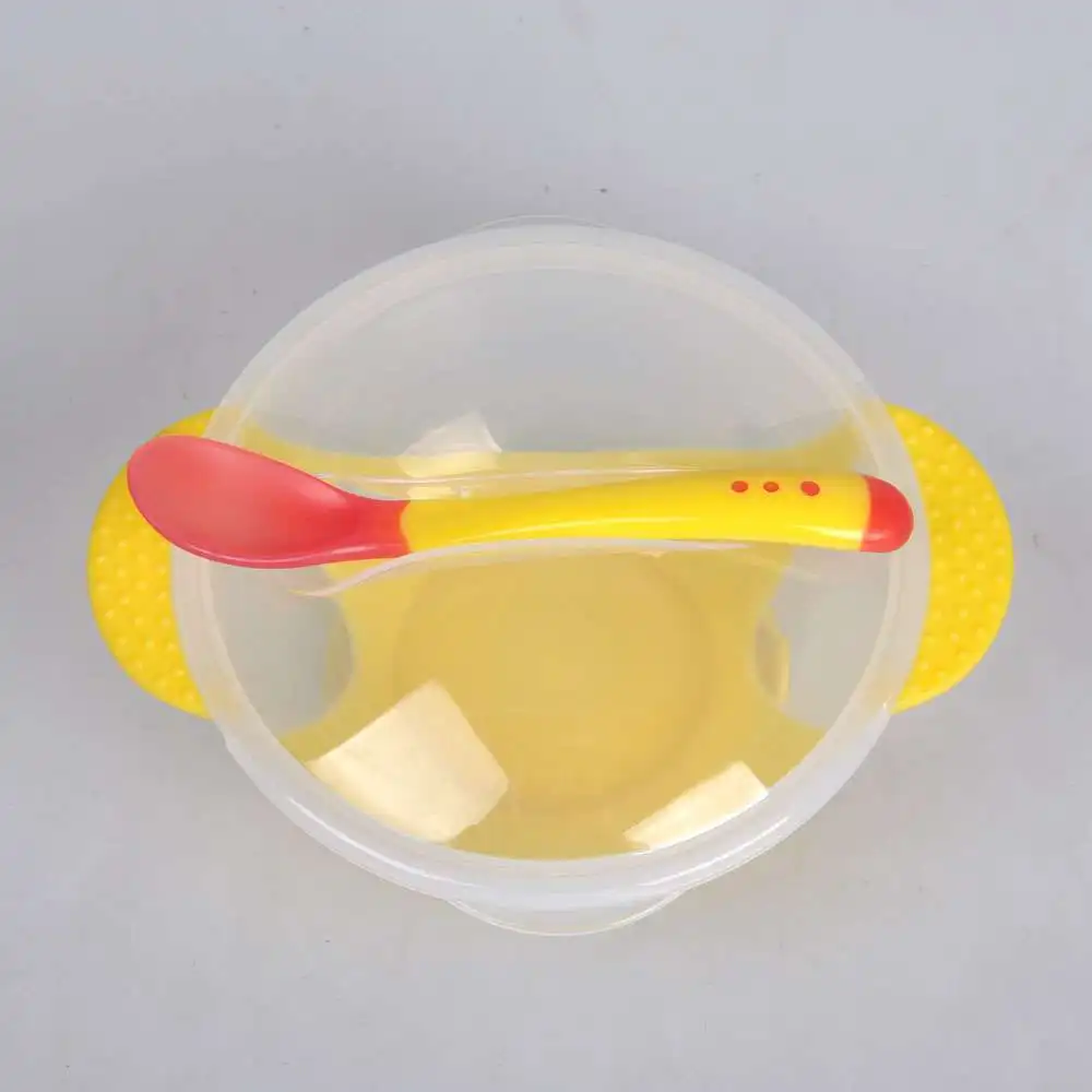 yellow cover spoon Детская миска для еды, ложка с чувствительностью температуры, миска для кормления ребенка, посуда, посуда для обучения ребенка, посуда с присоской - Цвет: yellow cover spoon