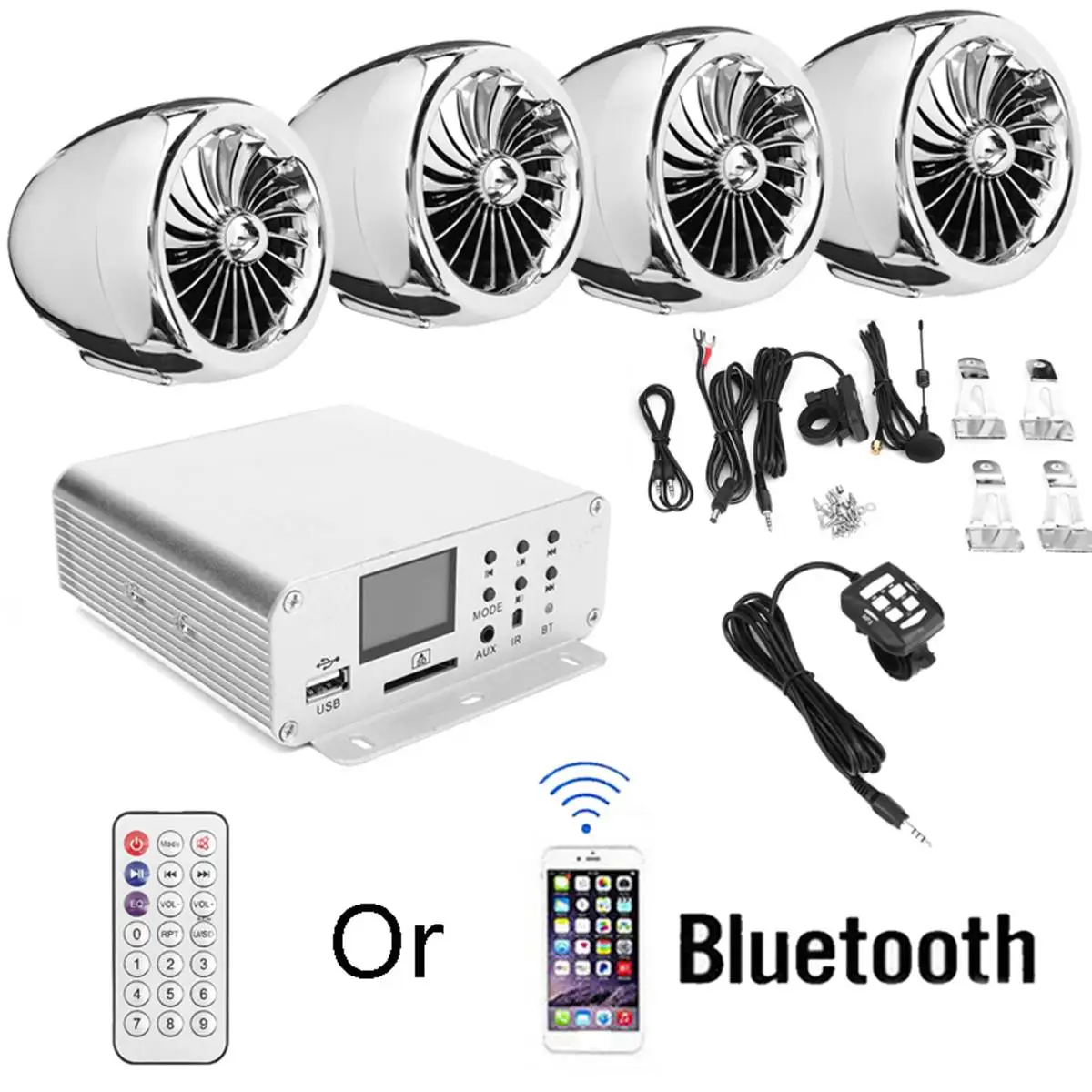 1000 Вт ЖК-дисплей 4 PSC bluetooth-колонки для мотоцикла+ система усилителя, крепление на руль, пульт дистанционного управления для мотоцикла/квадроцикла