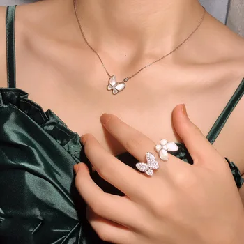 

2020 New Design Fashion Paved Shell Cubic Zirconia Butterfly Rings Jewelry Set Luxury Shiny Necklace for Women Butterfly Earring