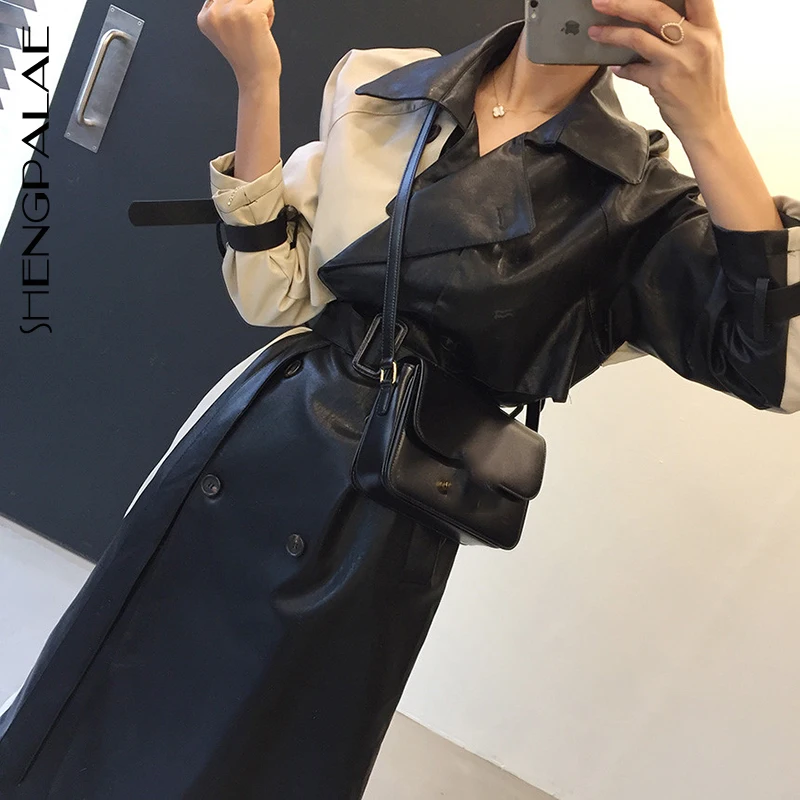 

SHENGPALAE Ins Winter Patchwork Split Joint Bandage Waist Long Fund Pu Korean Fashion Loose Trench Coat Woemn Overcoat A228